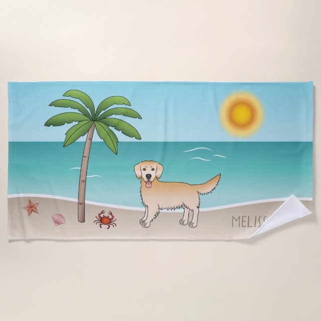 Yellow Golden Retriever - Tropical Summer Beach - Beach Towel (Front)