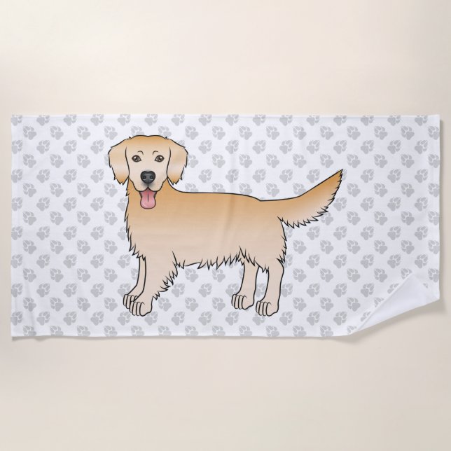 Yellow Golden Retriever With A Grey Paw Pattern Beach Towel (Front)
