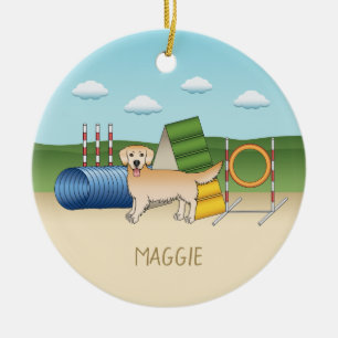 Yellow Golden Retriever With Agility Equipment Ceramic Tree Decoration