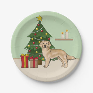 Yellow Golden Retriever With Christmas Tree Green Paper Plate
