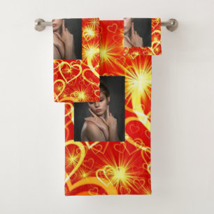Yellow Golden Sparkling Hearts on Red Background Bath Towel Set