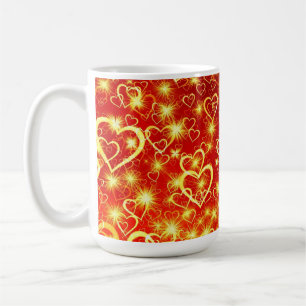Yellow Golden Sparkling Hearts on red background Coffee Mug