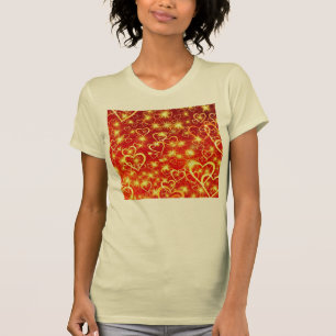 Yellow Golden Sparkling Hearts on Red Background T-Shirt