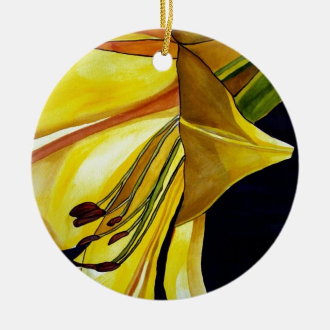 Yellow Golden Splendour lily original art Ceramic Tree Decoration (Front)