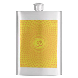 Yellow Golden Sun Lotus flower meditation wheel OM Hip Flask