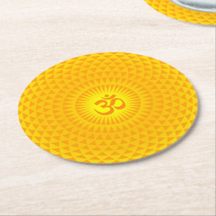 Yellow Golden Sun Lotus flower meditation wheel OM Round Paper Coaster