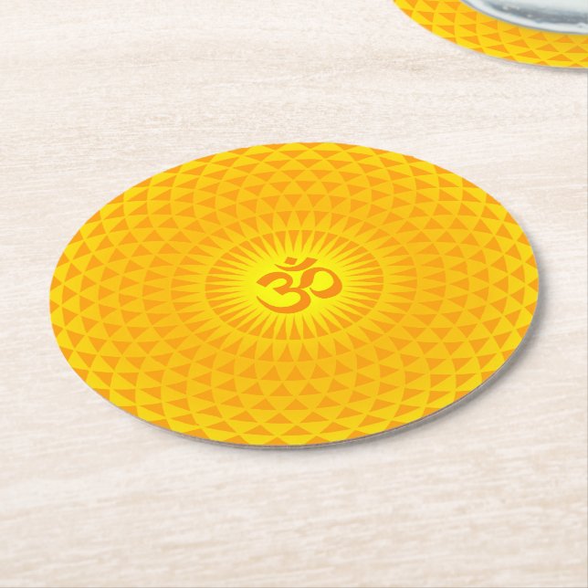 Yellow Golden Sun Lotus flower meditation wheel OM Round Paper Coaster (Angled)