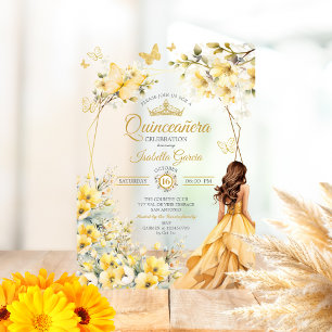 Yellow Golden Tiara Floral Butterflies Quinceañera Acrylic Invitations