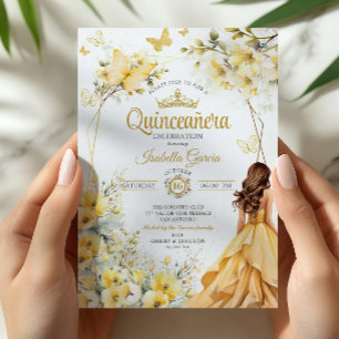 Yellow Golden Tiara Floral Butterflies Quinceañera Invitation