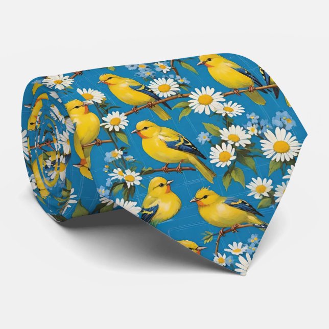 Yellow Goldfinch Birds On Branches & White Daisies Tie (Rolled)