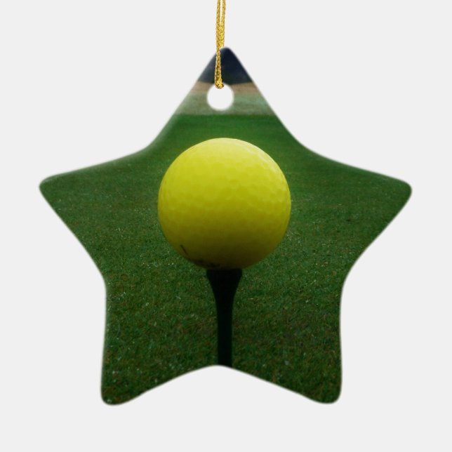 Yellow Golf Ball on a mountain golf course Ceramic Tree Decoration (Front)