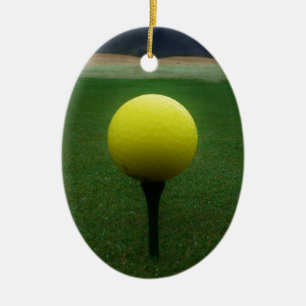 Yellow Golf Ball on a mountain golf course Ceramic Tree Decoration