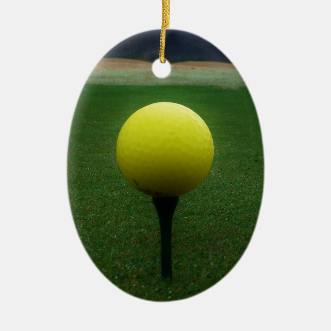 Yellow Golf Ball on a mountain golf course Ceramic Tree Decoration (Front)
