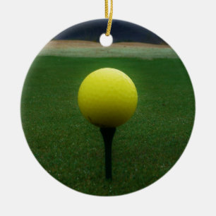 Yellow Golf Ball on a mountain golf course Ceramic Tree Decoration