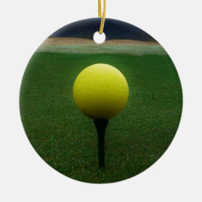 Yellow Golf Ball on a mountain golf course Ceramic Tree Decoration (Front)