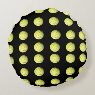 Yellow Golf Balls On Black, Round Cushion