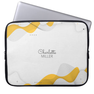 Yellow-Gray Abstract Waves with Custom Name Laptop Sleeve