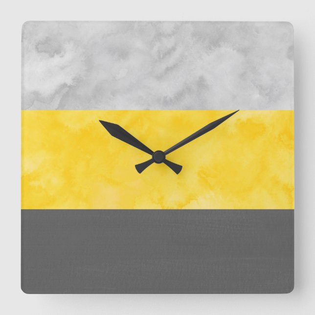 Yellow Gray Block Stripes Square Wall Clock (Front)
