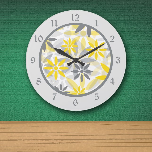 Yellow Gray Flower Graphic Large Clock (Creator Uploaded)