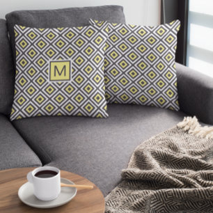 Yellow Gray Geometric Pattern Monogram Cushion