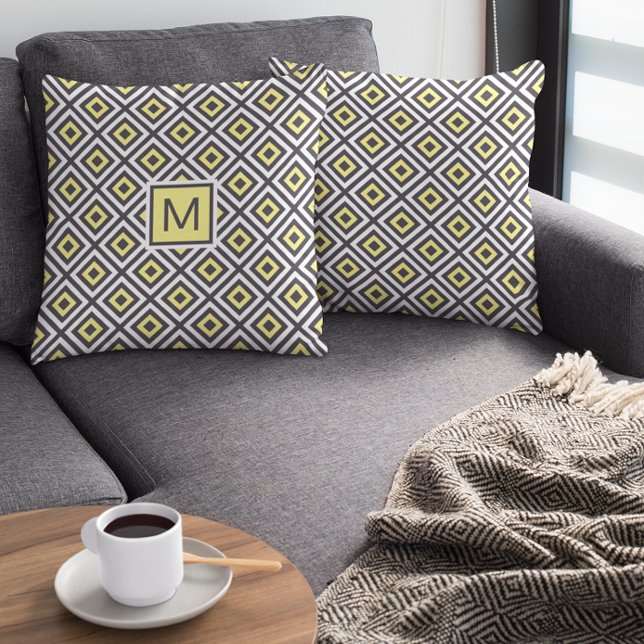 Yellow Gray Geometric Pattern Monogram Cushion (Creator Uploaded)