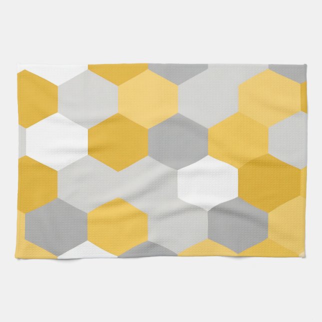 Yellow Gray Hexagon Geometric Pattern Tea Towel (Horizontal)