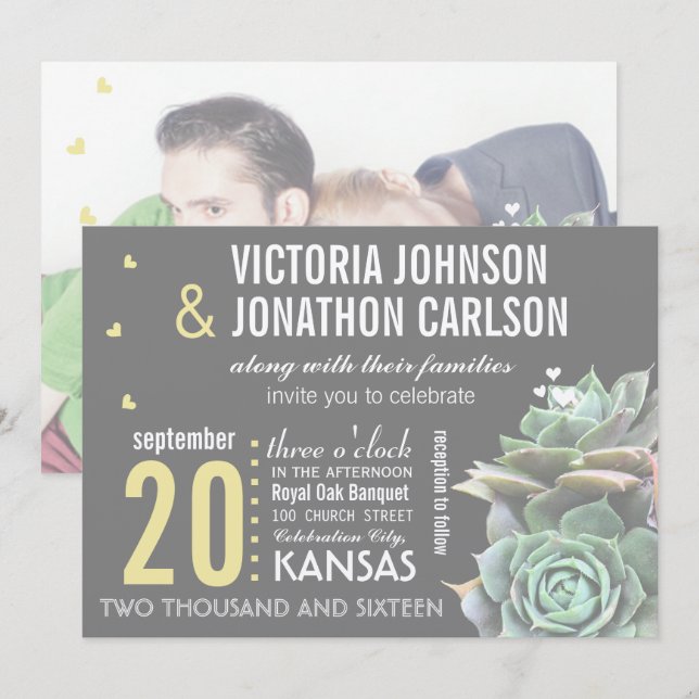 Yellow & Gray Succulent Photo on Back Wedding Invitation (Front/Back)