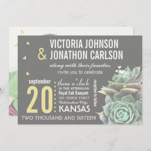 Yellow & Gray Succulent Photo on Back Wedding Invitation