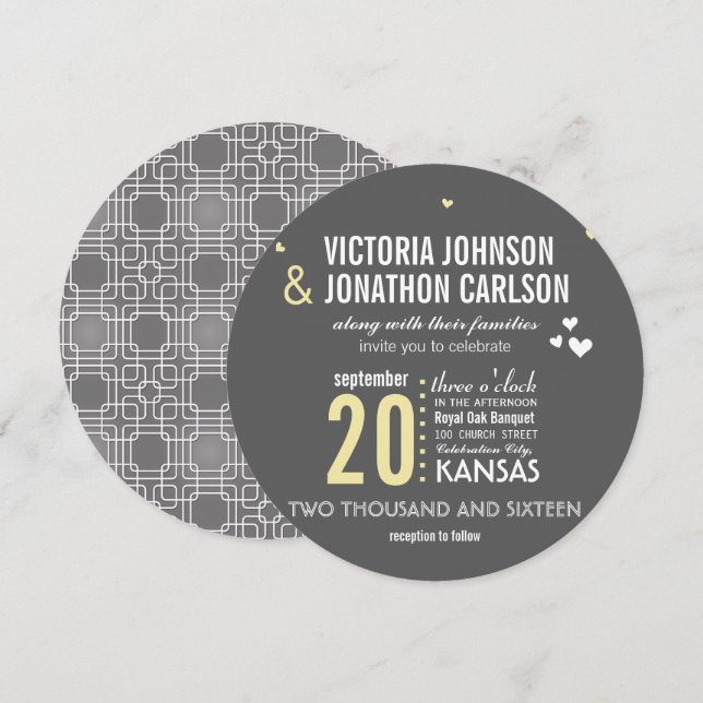 Yellow Gray Trendy Geometric Typography Wedding Invitation (Front/Back)