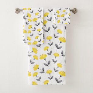 Yellow Gray Watercolor Flower Pattern Bath Towel Set
