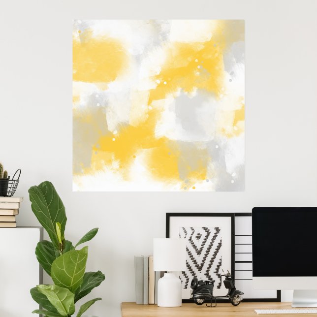 Yellow Gray & White Abstract Brushstrokes Poster (Home Office)