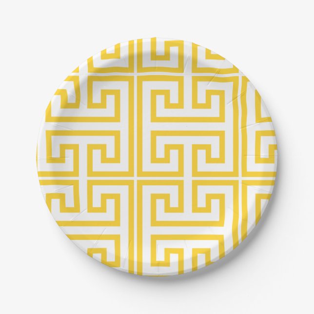 Yellow Greek key print Paper Plate (Front)
