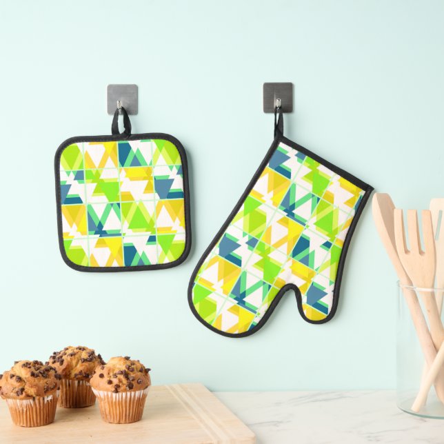 Yellow green abstract oven mitt & pot holder set (Insitu(Hanging))