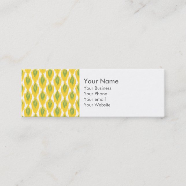 Yellow Green Abstract Tribal Ikat Diamond Pattern Mini Business Card (Front)
