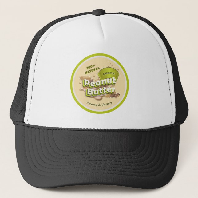 Yellow Green Beige Peanut Butter Logo Promotional Trucker Hat (Front)