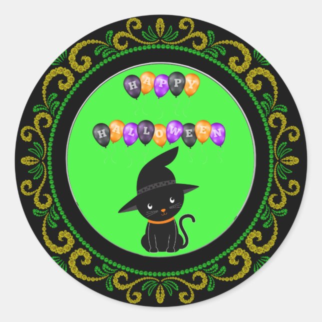 Yellow Green Black Cat Happy Halloween Balloons Classic Round Sticker (Front)