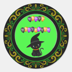 Yellow Green Black Cat Happy Halloween Balloons Classic Round Sticker