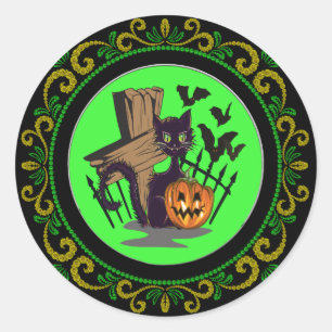 Yellow Green Black Cat Tombstone Bats Halloween Classic Round Sticker