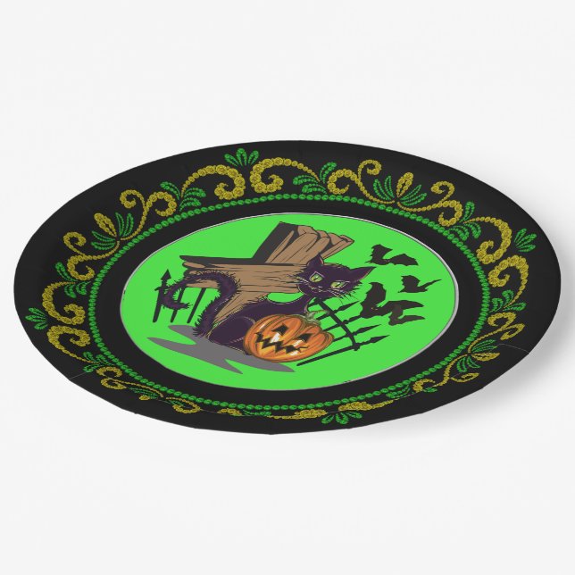 Yellow Green Black Cat Tombstone Bats Halloween Paper Plate (Angled)