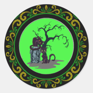 Yellow Green Black Cats Tombstone Tree Halloween Classic Round Sticker