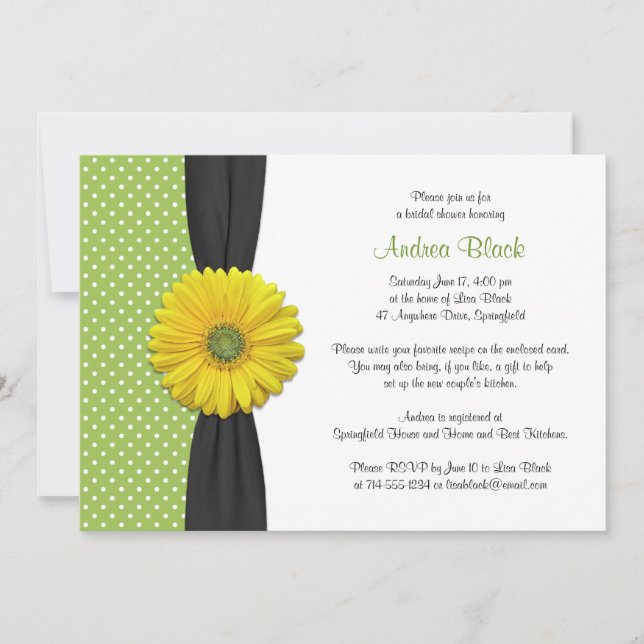Yellow Green Black Daisy Polka Dot Bridal Shower Invitation (Front)