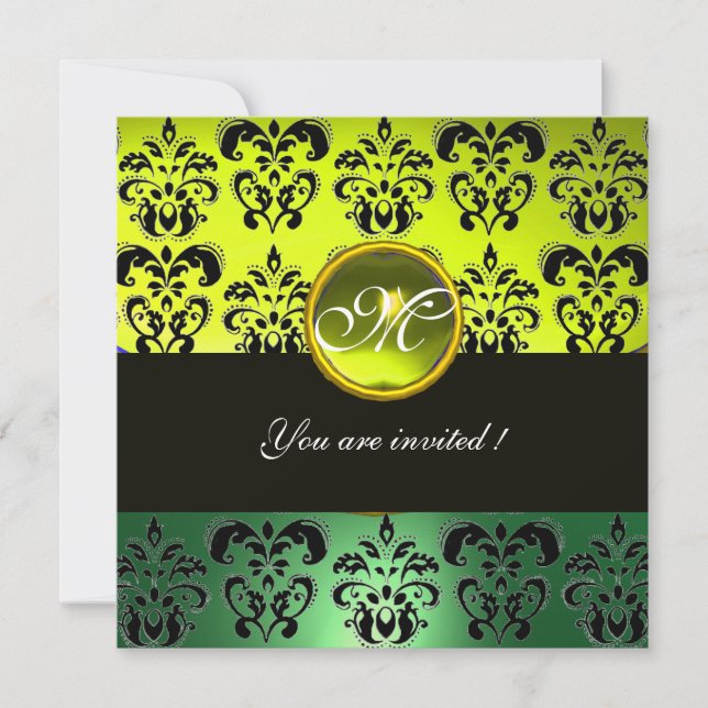 YELLOW GREEN BLACK DAMASK MONOGRAM,  topaz Invitation (Front)