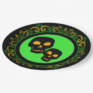 Yellow Green Black Skulls Halloween Paper Plate