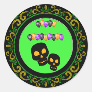 Yellow Green Black Skulls Happy Halloween Balloons Classic Round Sticker