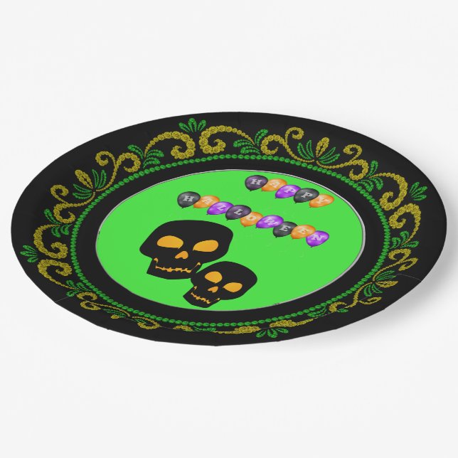 Yellow Green Black Skulls Happy Halloween Balloons Paper Plate (Angled)