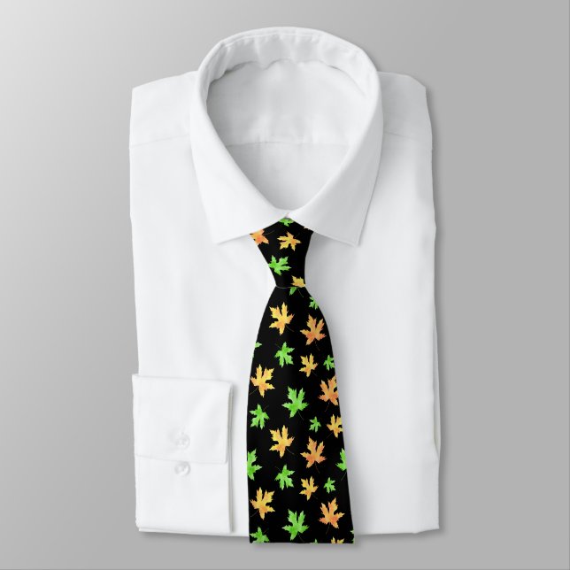 Yellow Green Black Watercolor Maple Leaf Pattern Tie (Tied)