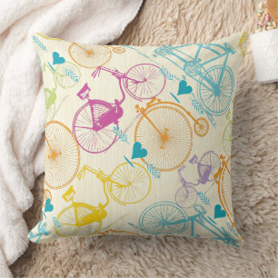 Yellow Green Blue Pink Retro Bicycle Pattern Cushion