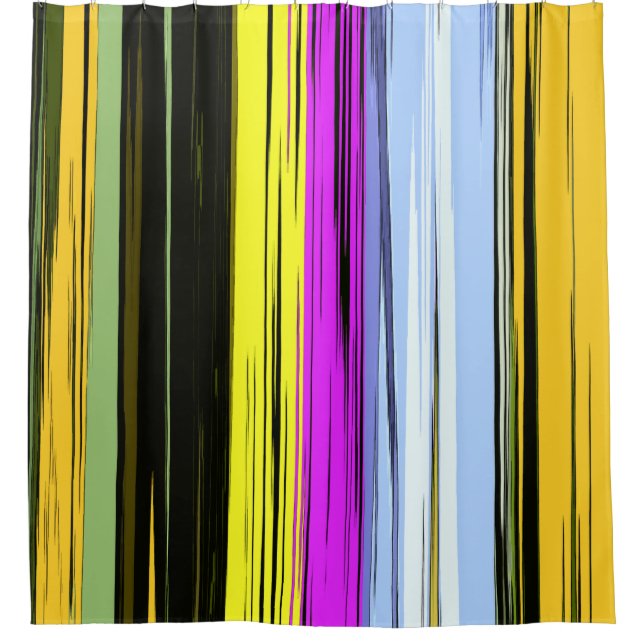 Yellow Green Blue Purple Black Vertical Stripes Shower Curtain (Front)