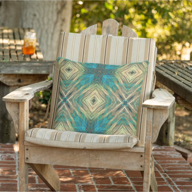 Yellow Green Blue Teal Turquoise Blue Tribal Art Cushion (Chair)