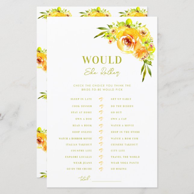 Yellow Green Bridal Shower Would She Rather Game (Front/Back)